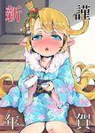  alcohol blonde_hair blush charlotta_fenia choko_(cup) commentary_request crown cup drunk furisode granblue_fantasy harvin highres japanese_clothes kimono mini_crown nose_blush pointy_ears sake shi_ecchi sitting tokkuri 