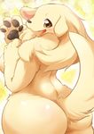 abstract_background anthro big_butt blonde_hair breasts butt canine chest_tuft dog female fur hair hand_on_breast happy kemono looking_back mammal nude pawpads raised_tail solo tongue tongue_out tuft ukan_muri waving yellow_eyes yellow_fur 
