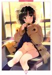  absurdres artist_name backlighting bangs black_hair black_legwear blue_dress blunt_bangs blush brown_coat classroom closed_mouth coat dengeki_moeou desk dress dress_lift duffel_coat evening eyebrows_visible_through_hair groin head_tilt highres hood hood_up hooded_coat indoors kneehighs knees_together_feet_apart lens_flare lifted_by_self lips long_sleeves looking_at_viewer mamita no_panties on_table scan school_desk shiny shiny_hair sitting sleeves_past_wrists smile solo sunlight table yellow_eyes 