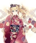  2018 alternate_costume alternate_hairstyle aqua_eyes blonde_hair braid commentary cowboy_shot crown eyebrows_visible_through_hair floral_background floral_print french_braid hair_between_eyes hair_ornament hairband highres japanese_clothes kantai_collection kimono kleinlight long_sleeves looking_at_viewer mini_crown obi ponytail sash sidelocks smile solo warspite_(kantai_collection) wavy_hair wide_sleeves 