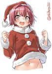  bangs blush brown_eyes clenched_hands ebifurya eyebrows_visible_through_hair hair_between_eyes hair_intakes hat highres kantai_collection kinu_(kantai_collection) long_sleeves looking_at_viewer navel open_mouth pink_hair pom_pom_(clothes) round_teeth santa_costume short_hair simple_background solo teeth twitter_username upper_body upper_teeth white_background 