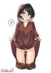 ass_visible_through_thighs bangs black_eyes black_hair blush brown_shorts cowboy_shot ebifurya eyebrows_visible_through_hair groin heart heart-shaped_pupils heavy_breathing highres kantai_collection lifted_by_self long_sleeves looking_at_viewer moderate_pubic_hair mogami_(kantai_collection) no_panties open_mouth pubic_hair pussy_juice pussy_juice_trail raincoat raincoat_lift shorts shorts_pull simple_background smile solo spoken_heart sweat symbol-shaped_pupils twitter_username white_background 