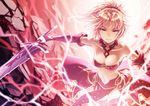  bandeau bangs bare_shoulders blonde_hair braid breasts clarent cleavage commentary_request detached_sleeves fate/apocrypha fate_(series) french_braid green_eyes holding holding_sword holding_weapon kame_(pixiv) lightning loincloth looking_at_viewer mordred_(fate) mordred_(fate)_(all) navel ponytail red_scrunchie scrunchie sleeves_past_wrists small_breasts smile solo stomach strapless sword weapon 