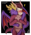  ! 2017 asbel_lhant blush claws dragon eyes_closed grin hair happy horn hug invalid_tag male oki simple_background smile spyro spyro_the_dragon surprise teeth video_games wings 