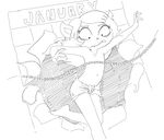  akunim anthro barefoot black_and_white calendar cartoon_hangover cat claire_(the_summoning) claws clothed clothing convenient_censorship diaper english_text eyelashes fangs feline frown hair holidays mammal monochrome new_year notched_ear solo text the_summoning topless 