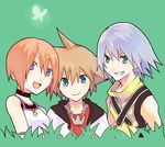  2boys artist_request blue_eyes breasts brown_hair jacket jewelry kairi_(kingdom_hearts) kingdom_hearts lowres multiple_boys necklace red_hair riku short_hair silver_hair smile sora_(kingdom_hearts) 