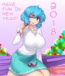  2018 aqua_skirt barefoot blue_hair bomb breasts christmas_lights commentary covered_nipples english engrish firecrackers gradient gradient_background hater_(hatater) highres holding huge_breasts indoors lighter long_sleeves looking_at_viewer miniskirt new_year one_eye_closed purple_background purple_umbrella ranguage red_eyes seiza shirt short_hair sitting skirt smile solo tatara_kogasa tongue tongue_out touhou umbrella white_background white_shirt 
