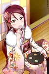  blush eating flower fur-trimmed_kimono fur_trim hair_flower hair_ornament happy_new_year japanese_clothes kanzashi kimono long_hair looking_to_the_side love_live! love_live!_sunshine!! new_year obi red_hair sakurauchi_riko sash shiimai sitting solo tray wide_sleeves yellow_eyes 