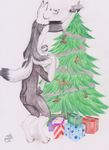  2017 anthro canine christmas christmas_tree claws dipstick_tail doberman dog duo fox gift gloves_(marking) green_eyes hi_res holding_object holidays male mammal markings multicolored_tail nude on_shoulders pawpads simple_background socks_(marking) standing toe_claws tongue tongue_out tree white_background yenza 