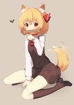  afterimage ahoge animal_ears ascot bangs between_legs black_footwear black_skirt black_vest blonde_hair blush brown_background cartoon_bone dog_ears dog_tail ear_wiggle eyebrows_visible_through_hair full_body hair_ribbon hand_between_legs heart highres kemonomimi_mode loafers long_sleeves looking_at_viewer motion_lines mouth_hold paw_pose red_eyes red_neckwear red_ribbon ribbon rumia sh_(562835932) shiny shiny_hair shoes short_hair simple_background sitting skirt solo tail tail_wagging tareme touhou vest wariza 