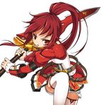 absurdres belt buckle cowboy_shot elesis_(elsword) elsword free_knight_(elsword) highres holding holding_sword holding_weapon legs long_hair looking_at_viewer official_art ponytail red_eyes red_hair red_shirt ress serious shirt skirt solo sword thighhighs transparent_background weapon white_legwear white_skirt zettai_ryouiki 