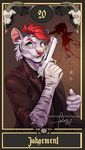  2017 anthro card clothing coin_toss digital_media_(artwork) feline finnian_ennis fortune_telling fur furlana green_eyes gun hair judgement looking_at_viewer male mammal open_mouth ranged_weapon red_hair solo stripes tarot tarot_card tiger weapon white_fur 