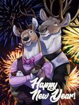  anthro antlers bow_tie cervine deer duo eclipticafusion_(artist) fireworks holidays hooves horn mammal new_year reindeer smile 