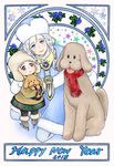  2boys :&gt; black_hair blue_eyes blue_flower blue_rose braid brown_eyes child chinese_zodiac coat dog flower happy_new_year hat ice_skates ichigo_daifuku_(blumenwalzer0903) katsuki_yuuri makkachin male_focus mittens multiple_boys new_year pantyhose rose russian_clothes scarf silver_hair skates smile snowflakes star teenage twin_braids vicchan viktor_nikiforov year_of_the_dog younger yuri!!!_on_ice 