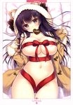  absurdres artist_name bangs bare_shoulders breasts brown_coat cameltoe chocolate chocolate_heart closed_mouth coat collarbone covered_nipples cowboy_shot dengeki_moeou duffel_coat eyebrows_visible_through_hair fur-trimmed_sleeves fur_trim hair_ornament head_tilt heart highres large_breasts long_hair long_sleeves looking_at_viewer lying mouth_hold navel nearly_naked_ribbon on_back open_clothes open_coat page_number pillow purple_eyes purple_hair red_ribbon ribbon scan shigunyan shiny shiny_skin smile solo stomach thigh_gap underboob valentine x_hair_ornament 