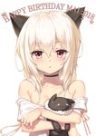  2018 animal_ears bangs bare_shoulders black_choker blush breasts cat_ears choker collarbone commentary_request eyebrows_visible_through_hair fuya_(tempupupu) hair_between_eyes happy_birthday head_tilt heart jewelry long_hair looking_at_viewer object_hug off-shoulder_shirt original parted_lips red_eyes ring shirt simple_background small_breasts solo stuffed_animal stuffed_cat stuffed_toy white_background white_hair white_shirt 