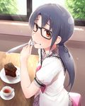  black_hair blush cake commentary_request cup food food_on_face fork_in_mouth glasses highres idolmaster idolmaster_million_live! ldl_(bcw1025) long_hair looking_up low_twintails red_eyes school_uniform smile solo takayama_sayoko teacup twintails window 