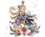  bangs blonde_hair blue_eyes charlotta_fenia crown eating floral_print flower food full_body granblue_fantasy hair_ornament harvin holding japanese_clothes kagami_mochi kimono long_hair long_sleeves looking_at_viewer minaba_hideo mochi official_art pantyhose petals pointy_ears sandals sitting solo transparent_background wagashi wide_sleeves 