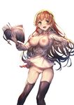  :d absurdres anne_(shingeki_no_bahamut) ass_visible_through_thighs black_legwear book bottomless breasts breasts_outside brown_hair eyebrows_visible_through_hair green_eyes highres large_breasts long_hair long_sleeves naked_shirt nipples no_bra open_book open_clothes open_mouth open_shirt paid_reward patreon_reward perky_breasts pussy redcomet shingeki_no_bahamut shirt simple_background smile solo thighhighs uncensored white_background 