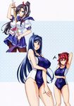  absurdres amaya_haruko armpits blue_eyes blue_hair blush bow breast_envy breast_hold breasts competition_swimsuit curvy fingernails hair_bow hand_behind_head highres holding huge_breasts large_breasts long_hair looking_at_breasts maken-ki! multiple_girls nijou_aki official_art one-piece_swimsuit pantyhose pleated_skirt purple_eyes purple_hair red_eyes red_hair rokujou_minori scan school_uniform shinai short_sleeves side_ponytail simple_background skirt sweat swimsuit sword takeda_hiromitsu very_long_hair weapon wooden_sword 