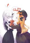  2girls abigail_williams_(fate/grand_order) bags_under_eyes bangs black_bow black_dress black_hat blonde_hair blue_eyes bow commentary_request dress fate/grand_order fate_(series) forehead from_side hair_between_eyes hair_bow hands_up hat horn kiss lavinia_whateley_(fate/grand_order) long_hair long_sleeves looking_at_another multiple_girls object_kiss open_mouth orange_bow pale_skin parted_bangs pink_eyes polka_dot polka_dot_bow profile shishima simple_background sleeves_past_fingers sleeves_past_wrists spoken_exclamation_mark stuffed_animal stuffed_toy teddy_bear white_background white_hair wide-eyed yuri 