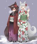  :d ^_^ ^o^ alternate_costume animal_ears bangs blush breasts breath brown_hair closed_eyes closed_mouth embarrassed eyebrows_visible_through_hair facing_viewer fang floral_print flower full_body geta grey_background hair_flower hair_ornament hand_up highres holding_hands imaizumi_kagerou inubashiri_momiji japanese_clothes kimono long_hair long_sleeves looking_away matinmorgen medium_breasts multiple_girls nose_blush obi open_mouth print_kimono purple_kimono red_eyes sash short_hair silver_hair simple_background smile snow snowing standing sweat tabi tail touhou waving white_kimono wide_sleeves wolf_ears wolf_tail yukata 