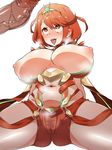  1boy 1girl ahegao areolae ass blush breasts breasts_apart breasts_outside cameltoe censored erect_nipples erection furau homura_(xenoblade_2) huge_breasts mosaic_censoring naughty_face navel nipples penis pussy_juice pussy_juice_stain red_eyes red_hair rolling_eyes short_hair short_shorts shorts smile solo spread_legs stomach textless tongue tongue_out xenoblade xenoblade_2 