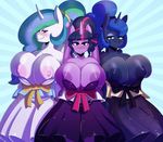  2017 absurd_res anthro areola blush breasts clothed clothing equine female friendship_is_magic group hair hi_res horn long_hair looking_at_viewer mammal multicolored_hair my_little_pony nipples princess_celestia_(mlp) princess_luna_(mlp) smile somescrub twilight_sparkle_(mlp) winged_unicorn wings 