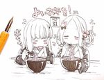  &gt;_&lt; :p abigail_williams_(fate/grand_order) bowl chopsticks closed_eyes commentary_request fate/grand_order fate_(series) food highres ink japanese_clothes kimono lavinia_whateley_(fate/grand_order) long_hair monochrome multiple_girls new_year noodles sofra tongue tongue_out traditional_media 