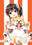  :d absurdres black_hair blush chinese_zodiac cura dog enty_reward floral_print food fruit hachiroku_(maitetsu) hair_ornament head_tilt highres japanese_clothes kimono long_sleeves looking_at_viewer maitetsu mandarin_orange new_year open_mouth orange_background paid_reward red_eyes shiba_inu side_ponytail smile solo striped striped_background two-tone_background wide_sleeves year_of_the_dog 