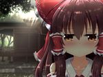  bare_shoulders blush bow brown_hair detached_sleeves frown hair_bow hair_tubes hakurei_reimu hakurei_shrine highres large_bow long_hair rankasei red_eyes solo tearing_up touhou upset 