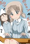  2girls aki_(girls_und_panzer) bangs blonde_hair blue_shirt blush breasts brown_hair closed_eyes collared_shirt eyebrows_visible_through_hair girls_und_panzer grey_eyes grey_skirt hair_ornament hat highres instrument kantele keizoku_school_uniform knees_together long_hair mika_(girls_und_panzer) motion_blur motion_lines multiple_girls music playing_instrument pleated_skirt school_uniform shirt short_hair short_twintails sitting skirt small_breasts smile striped striped_shirt sweatdrop twintails vertical_stripes wakku_kan white_shirt 