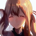  ajirui blue_jacket blush brown_hair closed_eyes commentary_request eyebrows_visible_through_hair girls_frontline green_eyes hair_between_eyes hair_rings highres jacket light_particles long_hair looking_at_viewer m1903_springfield_(girls_frontline) ponytail portrait ribbon sidelocks simple_background sketch smile solo sunlight white_background 