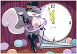  2017 animaniacs anthro areola armwear balloon big_breasts breasts buckteeth clock clothing female hair hair_over_eye hat holding_glass holding_object holidays joelasko legwear looking_at_viewer mammal new_year nipples open_mouth rodent slappy_squirrel solo squirrel teeth top_hat warner_brothers 