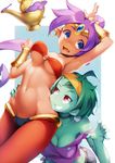  arm_around_waist armpits arms_up ataruman blue_eyes bracer breasts chromatic_aberration cleavage commentary_request dark_skin fang green_hair green_skin hairband highres medium_breasts multiple_girls navel oil_lamp open_mouth ponytail purple_hair red_eyes rottytops shantae_(character) shantae_(series) stomach tiara unaligned_breasts yellow_hairband yuri 