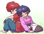  1boy 2girls animal blue_eyes chinese_clothes eyes_closed genderswap genderswap_(mtf) hibiki_ryouga multiple_girls pig ranma-chan ranma_1/2 red_hair saotome_ranma sitting tangzhuang tendou_akane wantan-orz 