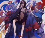  barefoot black_hair bowl breasts chocolate_(jitong) cup fate/grand_order fate_(series) fruit_bowl horns ibaraki_douji_(fate/grand_order) japanese_clothes kimono long_hair looking_at_viewer midriff multiple_girls navel oni oni_horns open_clothes open_kimono purple_eyes purple_kimono revealing_clothes sakazuki shide shuten_douji_(fate/grand_order) small_breasts very_long_hair white_hair 