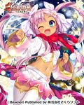  ;d arms_up blue_eyes bucchake_(asami) commentary_request crop_top fang koihime_musou long_hair midriff miniskirt navel one_eye_closed open_mouth pink_hair pink_shirt pink_skirt ribbon scarf shirt skirt smile solo sonshoukou thigh_gap thighhighs twintails very_long_hair white_legwear zettai_ryouiki 
