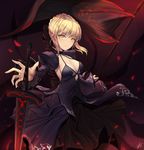  artoria_pendragon_(all) bangs banner black_dress blonde_hair blurry breasts cleavage closed_mouth collarbone dark_excalibur depth_of_field dress fate/grand_order fate_(series) halter_dress highres holding juliet_sleeves layered_dress lee_seok_ho long_sleeves looking_at_viewer medium_breasts motion_blur outstretched_arm outstretched_arms puffy_sleeves saber_alter serious shiny shiny_hair short_hair sidelocks signature solo tsurime v-shaped_eyebrows yellow_eyes 