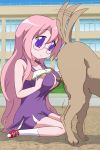  bestiality blush breasts cheerleader dog glasses large_breasts lucky_star paizuri pink_hair purple_eyes smile takara_miyuki uwa~a 
