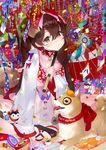  2018 animal_ears bell blush bow brown_eyes brown_hair butterfly_sitting calligraphy_brush chinese_zodiac choker commentary_request detached_collar dog dog_ears dog_tail facial_mark floral_print food fruit grin hair_between_eyes hair_bow hanetsuki happy_new_year highres holding holding_umbrella japanese_clothes jingle_bell long_hair long_sleeves looking_at_viewer mandarin_orange new_year oriental_umbrella original paintbrush paw_print sandals see-through shiba_inu sitting smile solo spinning_top tail tareme tonito twintails umbrella whisker_markings year_of_the_dog 