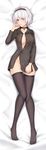  black_hairband black_jacket black_legwear blue_eyes blush breasts cosplay double-breasted full_body hair_over_one_eye hairband hand_on_own_face highres jacket jacket_tug jewelry lotu lying medium_breasts mole mole_under_mouth naked_coat necklace nier_(series) nier_automata no_blindfold on_back open_mouth short_hair silver_hair solo thighhighs unbuttoned yorha_no._2_type_b yorha_no._9_type_s yorha_no._9_type_s_(cosplay) 