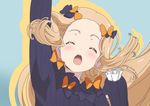  :d ^_^ abigail_williams_(fate/grand_order) absurdres adrenaline!!! arm_up bangs black_bow black_dress blonde_hair blue_background blush bow closed_eyes commentary_request dress eromanga_sensei facing_viewer fate/grand_order fate_(series) forehead hair_bow hand_up highres long_hair long_sleeves no_hat no_headwear open_mouth orange_bow parody parted_bangs polka_dot polka_dot_bow sleeves_past_wrists smile solo style_parody suzumushi_(araragi_gatari) upper_teeth 