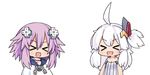  &gt;_&lt; :d ahoge arms_at_sides azur_lane bare_shoulders chibi collarbone crossover d-pad d-pad_hair_ornament dress eyebrows_visible_through_hair flat_chest hair_ornament hood hood_down hooded_track_jacket jacket moru_(monaka) multiple_girls neptune_(choujigen_game_neptune) neptune_(series) one_side_up open_mouth purple_hair ribbed_dress short_hair sidelocks smile strapless strapless_dress track_jacket universal_bullin_(azur_lane) v-shaped_eyebrows white_dress white_hair 