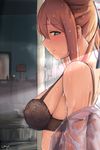  bangs black_bra blush bra breasts brown_hair chyt clothes_removed covered_nipples eyebrows_visible_through_hair girls_frontline green_eyes hair_between_eyes hair_ribbon hair_rings half-closed_eyes highres indoors lamp large_breasts light_rays lingerie long_hair long_sleeves looking_at_viewer m1903_springfield_(girls_frontline) mirror off_shoulder ponytail ribbon shirt sidelocks signature smile solo tareme underwear water water_drop wet wet_clothes wet_shirt 