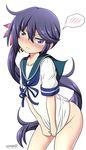  akebono_(kantai_collection) bell bottomless commentary_request groin hair_ornament jingle_bell kantai_collection long_hair looking_at_viewer purple_eyes purple_hair school_uniform scowl serafuku shirt_tug side_ponytail solo spoken_blush tamayan tears 