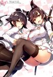  :d animal_ears ass atago_(azur_lane) azur_lane bangs black_panties blush bow bowtie breasts brown_eyes brown_hair buttons checkered checkered_background dutch_angle eyebrows_visible_through_hair flower garter_straps gloves highres katana large_breasts long_hair looking_at_viewer looking_back military miniskirt mole mole_under_eye multiple_girls open_mouth page_number panties pantyhose petals ponytail scan skirt smile sword takao_(azur_lane) thighhighs tomose_shunsaku underwear uniform weapon white_gloves 