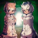  at2. bangs black_hair blurry blurry_background brown_coat brown_eyes brown_hair buttons closed_mouth coat cowboy_shot day eurasian_eagle_owl_(kemono_friends) expressionless eyebrows_visible_through_hair fur_collar grey_hair hair_between_eyes head_wings kemono_friends long_sleeves looking_at_viewer multicolored_hair multiple_girls northern_white-faced_owl_(kemono_friends) outdoors pantyhose pocket print_coat shiny shiny_hair short_hair spoon_in_mouth standing sweat tree white_coat white_hair white_legwear 