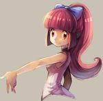  1girl ameiro_pk armpits bangs blue_bow blunt_bangs bow cropped_torso elle_(pokemon) from_side grey_background hair_bow long_hair looking_at_viewer outstretched_arm pink_hair pokemon pokemon_(anime) ponytail red_eyes sidelocks simple_background smile solo upper_body v 