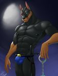  2017 anthro balls biceps black_nose canine clothed clothing doberman dog eye_patch eyewear general: hamili male mammal muscular muscular_male nipples partially_clothed simple_background solo vein yellow_eyes 